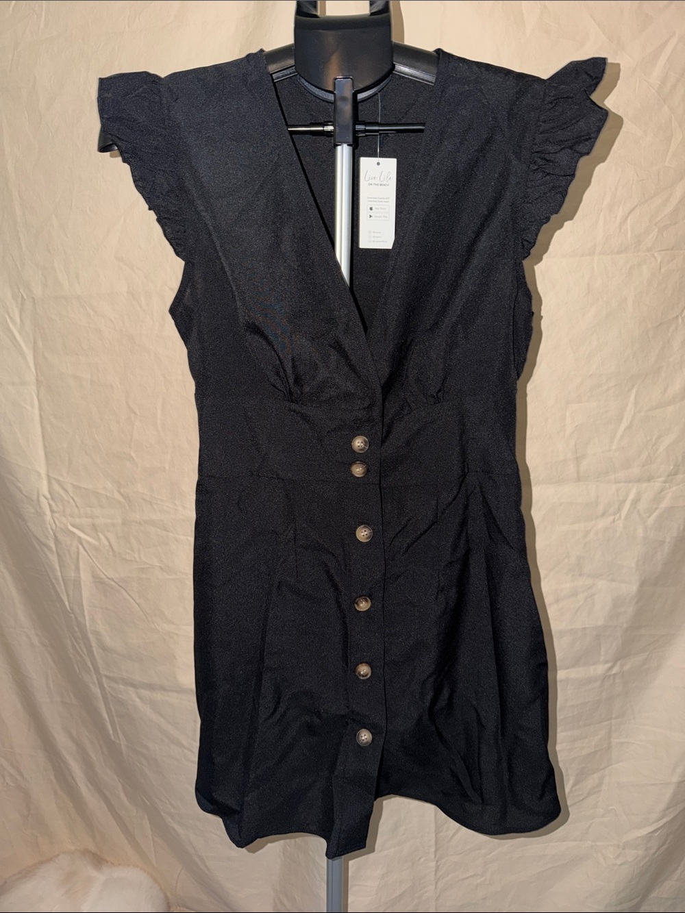 Cupshe Black V-Neck Button Mini Dress with Ruffle Cap Sleeves